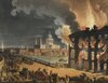 During nighttime, a big three story library is burning on the right hand side of the image.